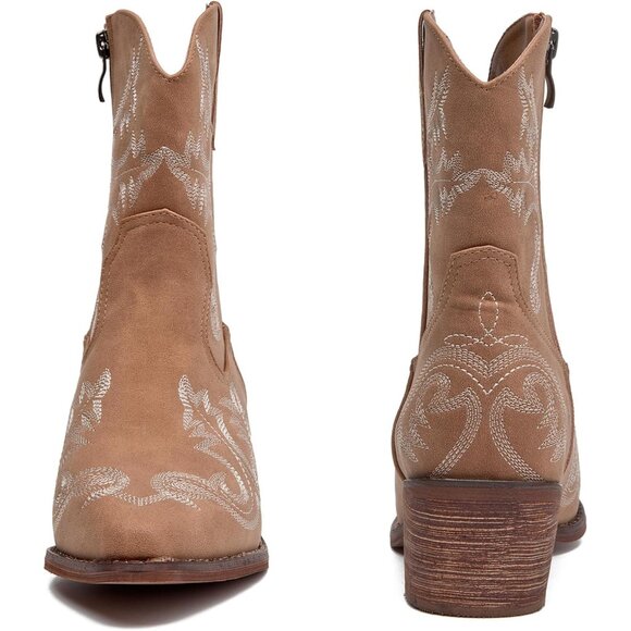 ⚡Women's Brown Embroidered Square Toe Western Cowgirl Boots Chunky Heel Pull On - Picture 5 of 7